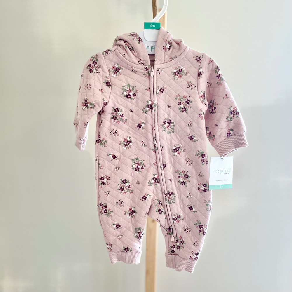 Little Planet by Carters Pink Floral Quilted Organic Cotton Hooded Jumpsuit‎ 3M